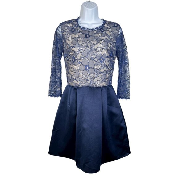 Erin Fetherston Delphine Lace Mini Dress Navy Blue Nude Satin Cocktail Party 4 - Picture 2 of 13